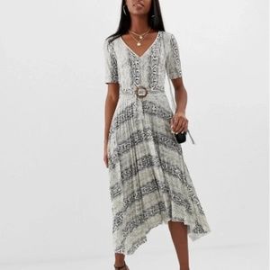 ASOS CURVE V Neck Snake Print Midi Dress w/ Pleated Skirt + Belt